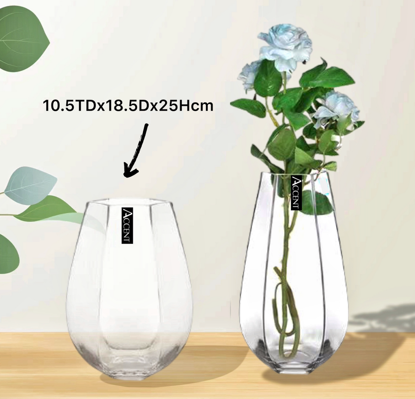 GLASS BELLY HEXAGON VASE 10.5TDx18.5Dx25cmH