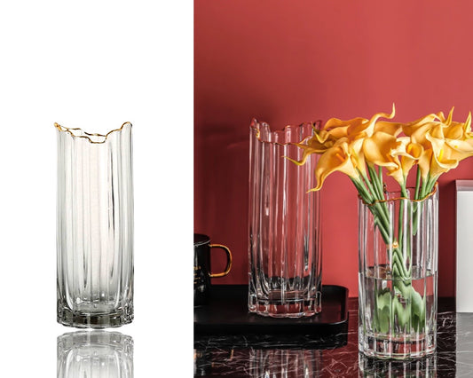 GLASS RIBBED VASE W GOLD RIM 10X25CMH