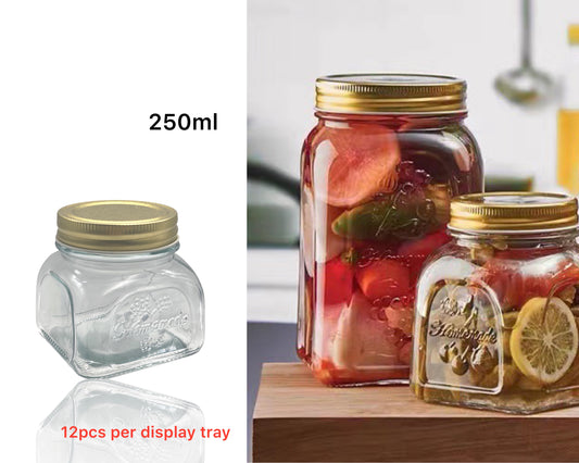 GLASS SQUARE JAR W/GOLD METAL LID 250ml